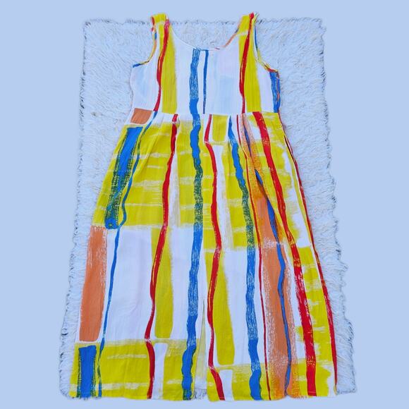 Vtg Jams World Janice Dress M Primary Stripe Yellow Kidcore Sleeveless Vintage - Picture 7 of 8